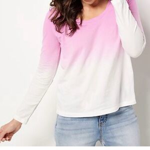 Long Sleeve Scoop Neck Loose Fit Tee Pink/White Ombré  Medium